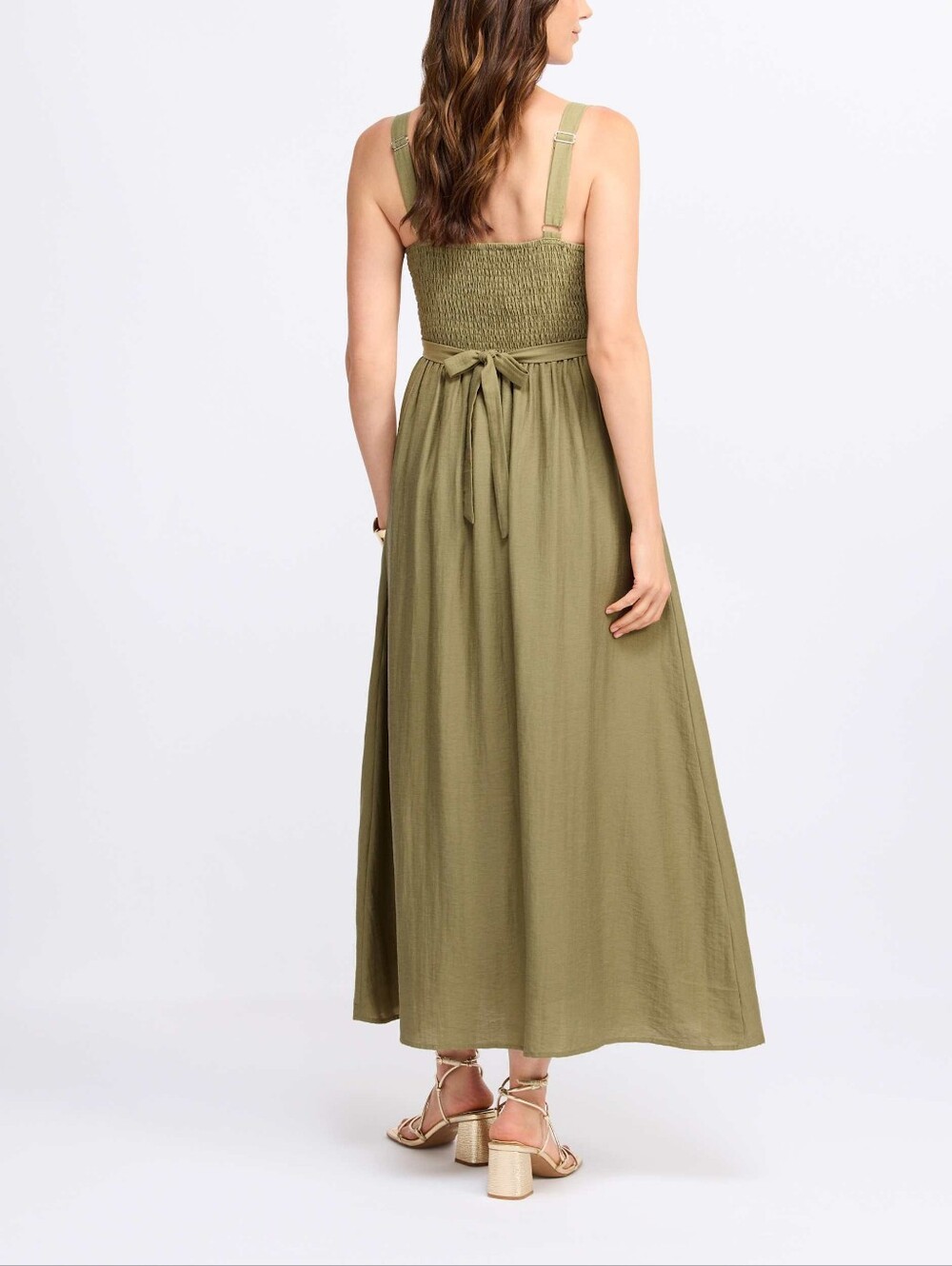Olive Green Maxi Dress with Gathered Bust and Adjustable Straps - Picture 2 of 5